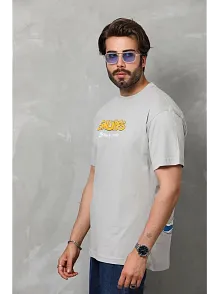 Erkek Kısa Kol Yazlık Tişört Bisiklet Yaka Baskılı Oversize T-shirt - Gri