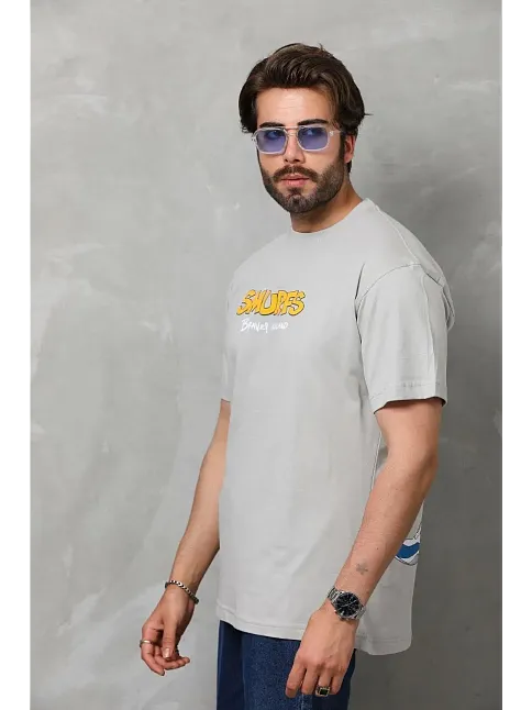 Erkek Kısa Kol Yazlık Tişört Bisiklet Yaka Baskılı Oversize T-shirt - Gri