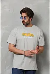 Erkek Kısa Kol Yazlık Tişört Bisiklet Yaka Baskılı Oversize T-shirt - Gri