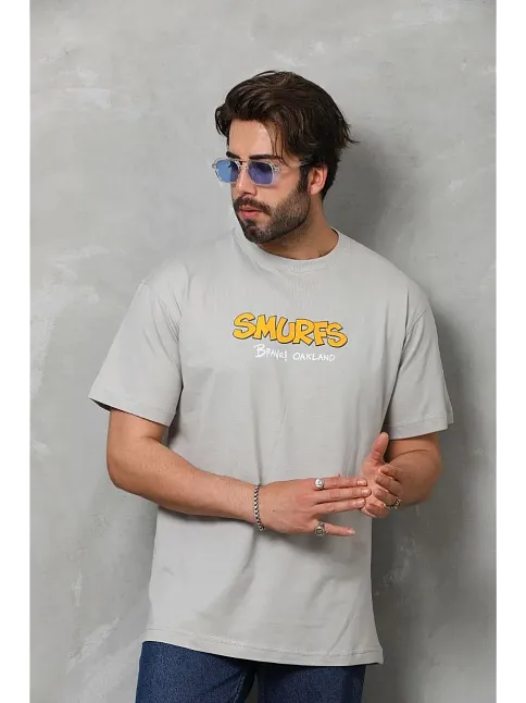 Erkek Kısa Kol Yazlık Tişört Bisiklet Yaka Baskılı Oversize T-shirt - Gri