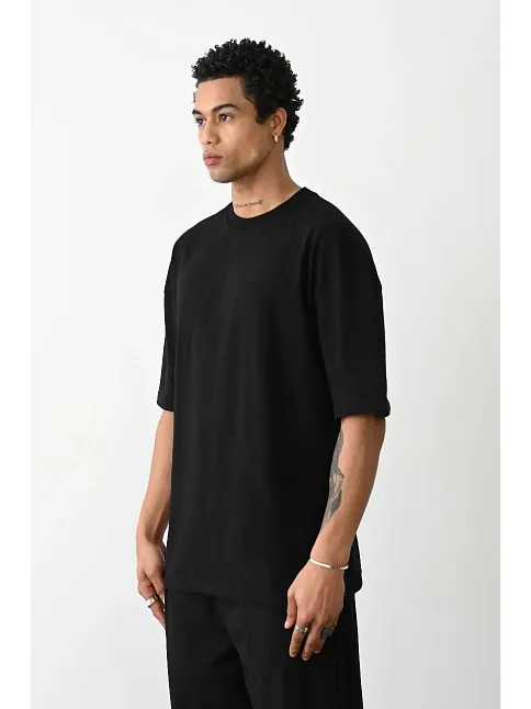 Erkek Tişört Düz Basic Penye Yazlık Bisiklet Yaka Kısa Kol T-shirt - Siyah