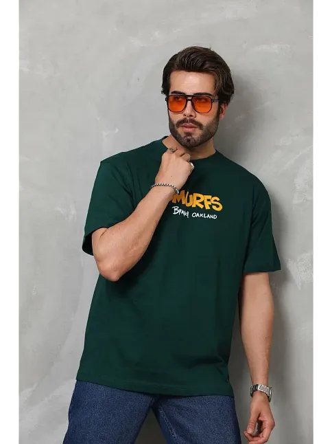 Erkek Kısa Kol Yazlık Tişört Bisiklet Yaka Baskılı Oversize T-shirt - Yeşil