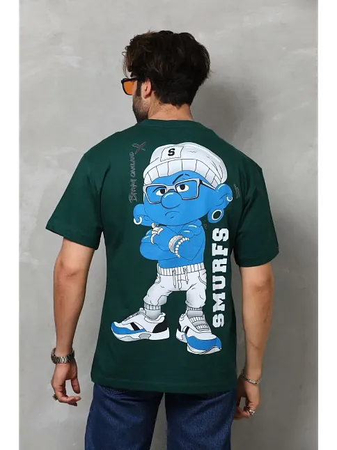 Erkek Kısa Kol Yazlık Tişört Bisiklet Yaka Baskılı Oversize T-shirt - Yeşil