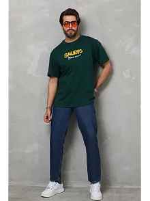 Erkek Kısa Kol Yazlık Tişört Bisiklet Yaka Baskılı Oversize T-shirt - Yeşil