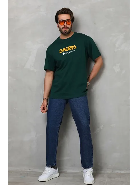 Erkek Kısa Kol Yazlık Tişört Bisiklet Yaka Baskılı Oversize T-shirt - Yeşil