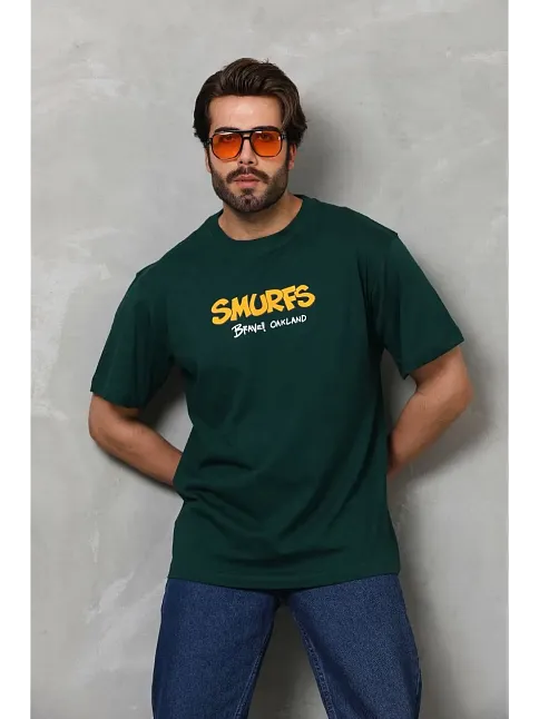 Erkek Kısa Kol Yazlık Tişört Bisiklet Yaka Baskılı Oversize T-shirt - Yeşil