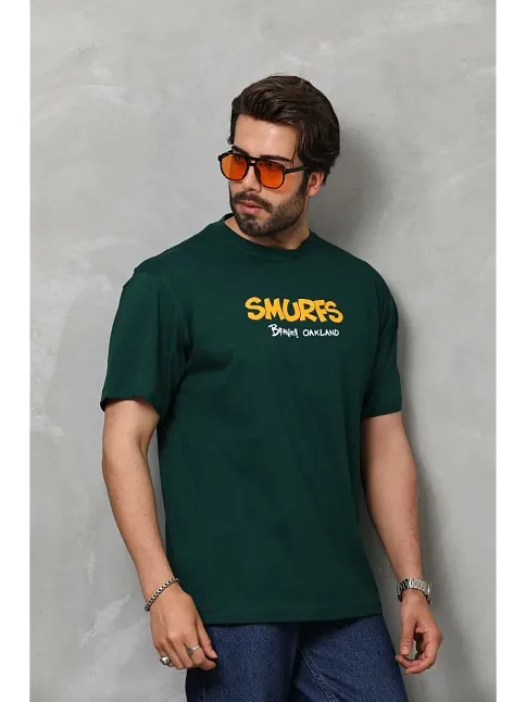 Erkek Kısa Kol Yazlık Tişört Bisiklet Yaka Baskılı Oversize T-shirt - Yeşil