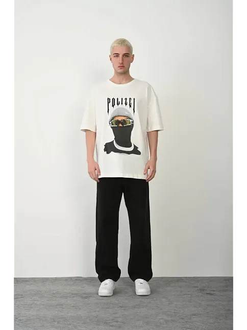 Erkek Baskılı T-shirt Kısa Kol Bisiklet Yaka Rahat Kalıp Tişört - Beyaz
