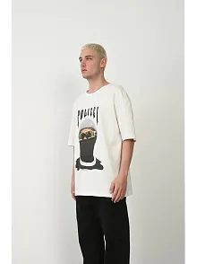 Erkek Baskılı T-shirt Kısa Kol Bisiklet Yaka Rahat Kalıp Tişört - Beyaz