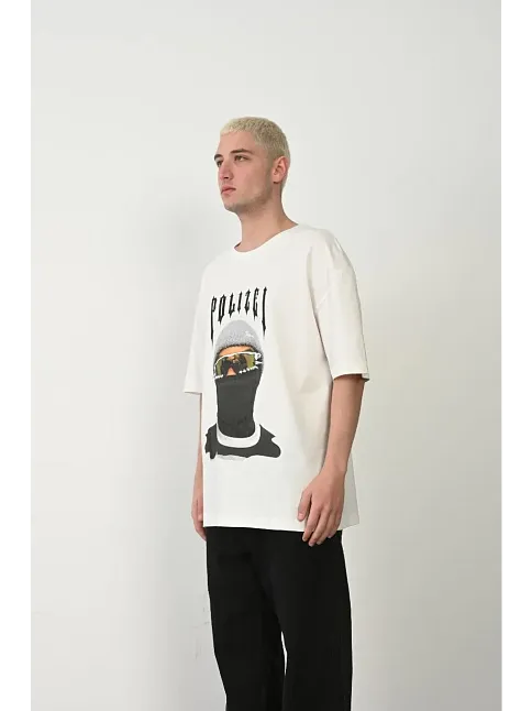 Erkek Baskılı T-shirt Kısa Kol Bisiklet Yaka Rahat Kalıp Tişört - Beyaz