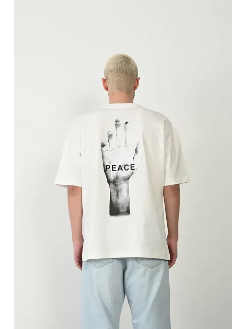Erkek Baskılı T-shirt Kısa Kol Bisiklet Yaka Rahat Kalıp Tişört - Beyaz