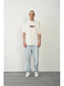 Erkek Baskılı T-shirt Kısa Kol Bisiklet Yaka Rahat Kalıp Tişört  - Beyaz