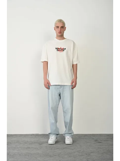 Erkek Baskılı T-shirt Kısa Kol Bisiklet Yaka Rahat Kalıp Tişört  - Beyaz