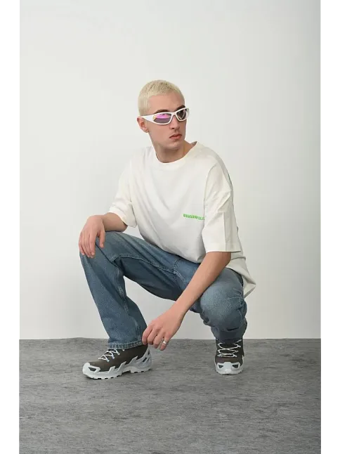 Erkek Baskılı T-shirt Kısa Kol Bisiklet Yaka Rahat Kalıp Tişört - Beyaz