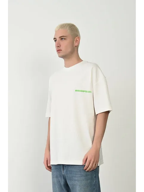 Erkek Baskılı T-shirt Kısa Kol Bisiklet Yaka Rahat Kalıp Tişört - Beyaz