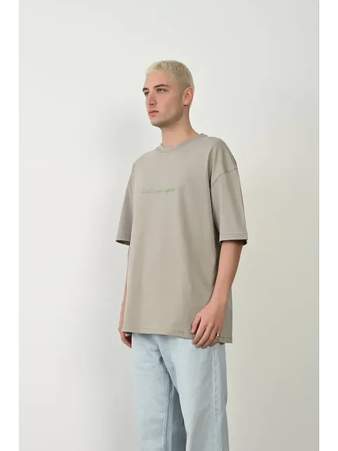 Erkek Baskılı T-shirt Kısa Kol Bisiklet Yaka Rahat Kalıp Tişört  - Boyalı Gri
