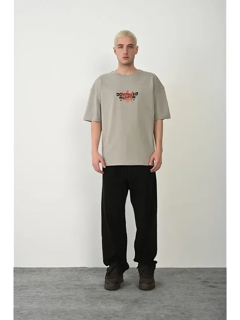 Erkek Baskılı T-shirt Kısa Kol Bisiklet Yaka Rahat Kalıp Tişört  - Boyalı Gri
