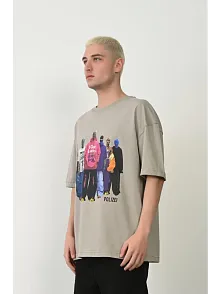 Erkek Baskılı T-shirt Kısa Kol Bisiklet Yaka Rahat Kalıp Tişört - Boyalı Gri