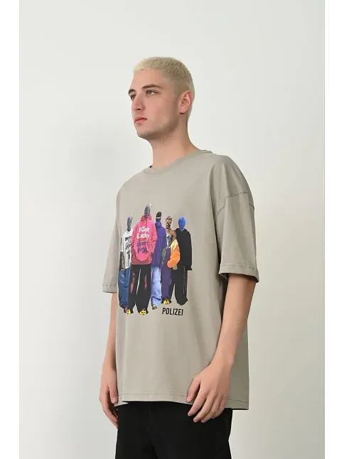 Erkek Baskılı T-shirt Kısa Kol Bisiklet Yaka Rahat Kalıp Tişört - Boyalı Gri