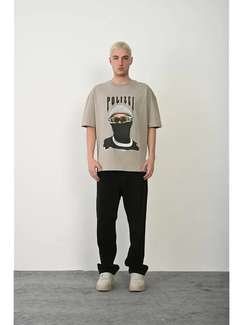 Erkek Baskılı T-shirt Kısa Kol Bisiklet Yaka Rahat Kalıp Tişört - Boyalı Gri