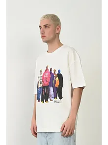Erkek Baskılı T-shirt Kısa Kol Bisiklet Yaka Rahat Kalıp Tişört - Beyaz