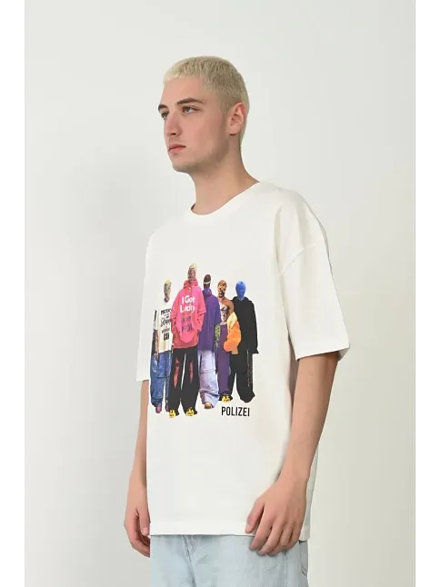 Erkek Baskılı T-shirt Kısa Kol Bisiklet Yaka Rahat Kalıp Tişört - Beyaz