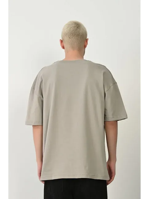 Erkek Baskılı T-shirt Kısa Kol Bisiklet Yaka Rahat Kalıp Tişört - Boyalı Gri
