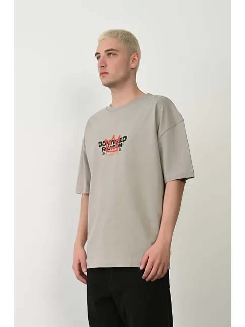 Erkek Baskılı T-shirt Kısa Kol Bisiklet Yaka Rahat Kalıp Tişört  - Boyalı Gri