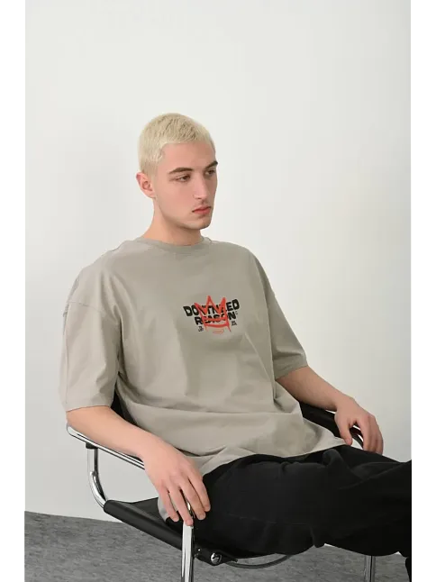 Erkek Baskılı T-shirt Kısa Kol Bisiklet Yaka Rahat Kalıp Tişört  - Boyalı Gri