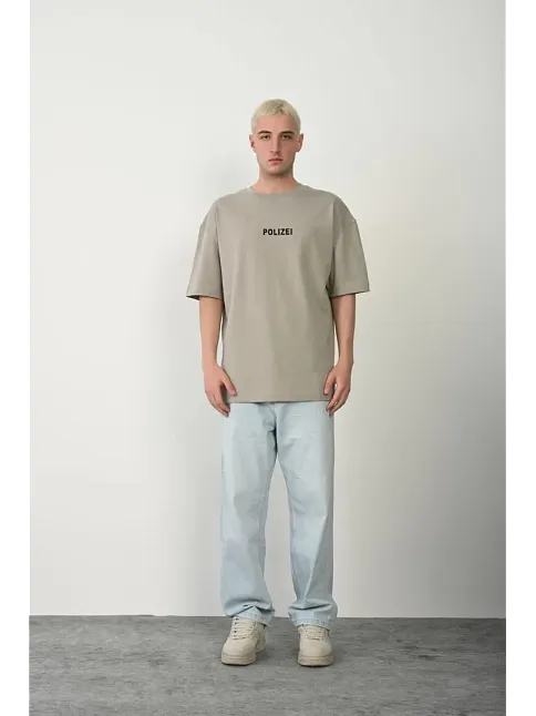 Erkek Baskılı T-shirt Kısa Kol Bisiklet Yaka Rahat Kalıp Tişört - Boyalı Gri
