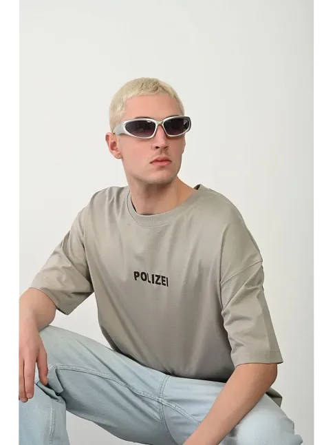 Erkek Baskılı T-shirt Kısa Kol Bisiklet Yaka Rahat Kalıp Tişört - Boyalı Gri