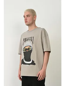 Erkek Baskılı T-shirt Kısa Kol Bisiklet Yaka Rahat Kalıp Tişört - Boyalı Gri