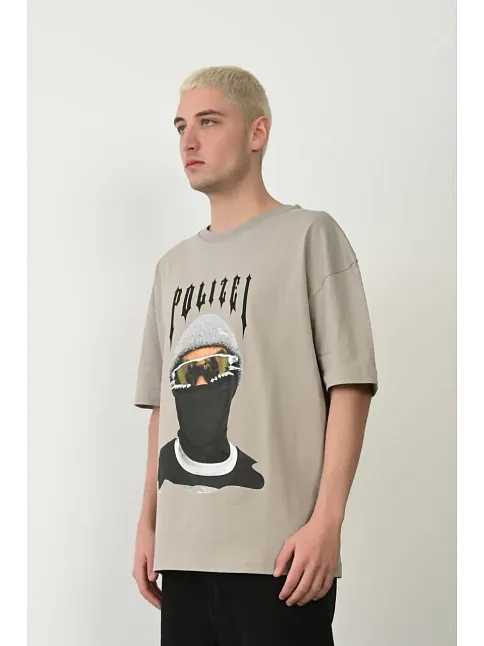 Erkek Baskılı T-shirt Kısa Kol Bisiklet Yaka Rahat Kalıp Tişört - Boyalı Gri