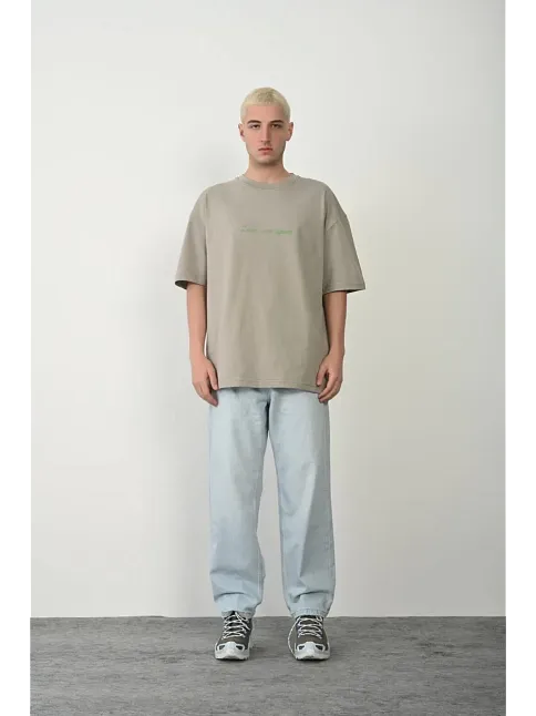 Erkek Baskılı T-shirt Kısa Kol Bisiklet Yaka Rahat Kalıp Tişört  - Boyalı Gri