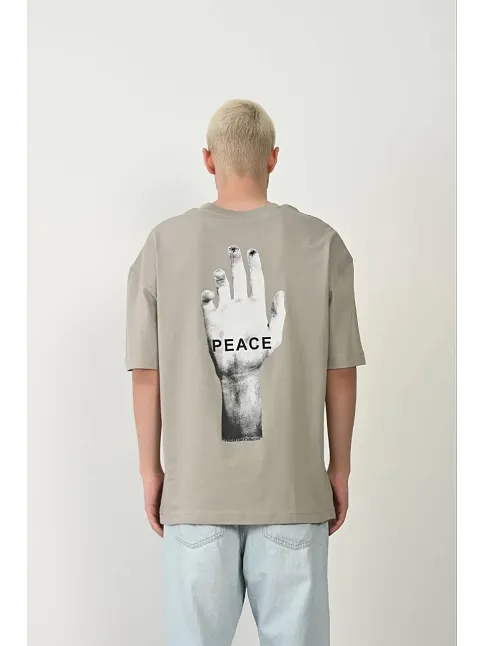 Erkek Baskılı T-shirt Kısa Kol Bisiklet Yaka Rahat Kalıp Tişört - Boyalı Gri