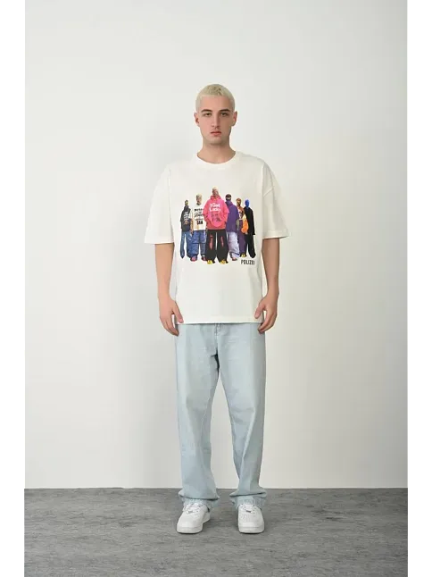 Erkek Baskılı T-shirt Kısa Kol Bisiklet Yaka Rahat Kalıp Tişört - Beyaz