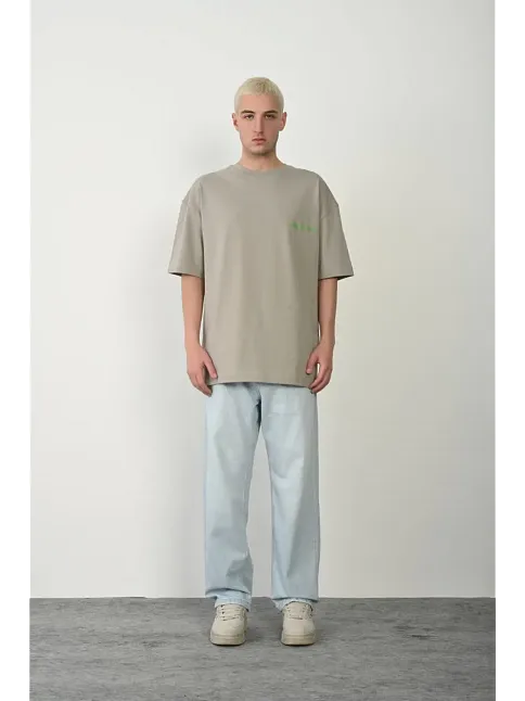 Erkek Baskılı T-shirt Kısa Kol Bisiklet Yaka Rahat Kalıp Tişört  - Boyalı Gri