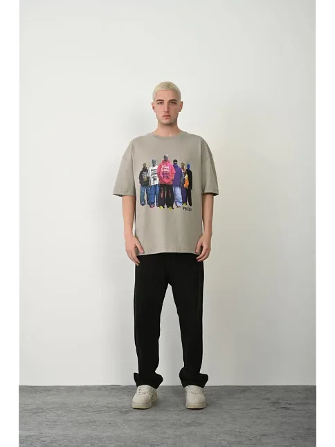 Erkek Baskılı T-shirt Kısa Kol Bisiklet Yaka Rahat Kalıp Tişört - Boyalı Gri