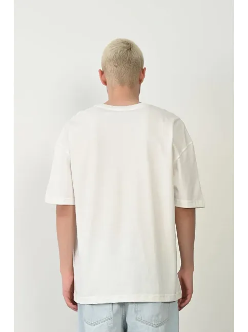 Erkek Baskılı T-shirt Kısa Kol Bisiklet Yaka Rahat Kalıp Tişört - Beyaz