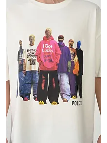Erkek Baskılı T-shirt Kısa Kol Bisiklet Yaka Rahat Kalıp Tişört - Beyaz