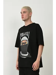 Erkek Baskılı T-shirt Kısa Kol Bisiklet Yaka Rahat Kalıp Tişört - Siyah