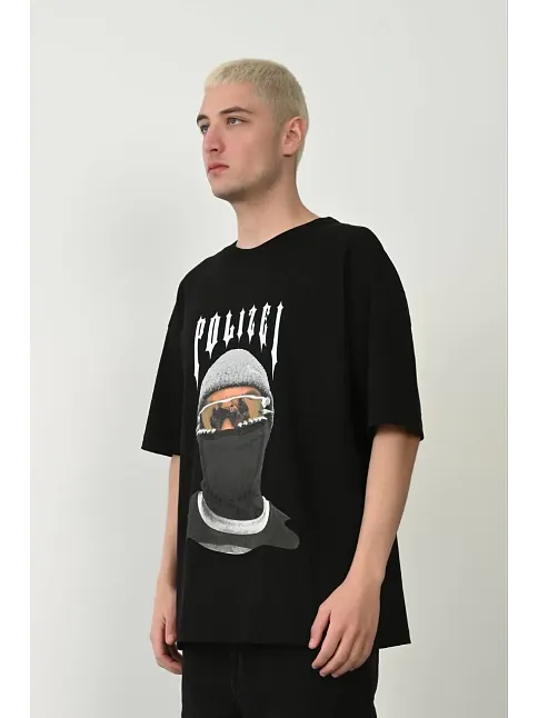 Erkek Baskılı T-shirt Kısa Kol Bisiklet Yaka Rahat Kalıp Tişört - Siyah