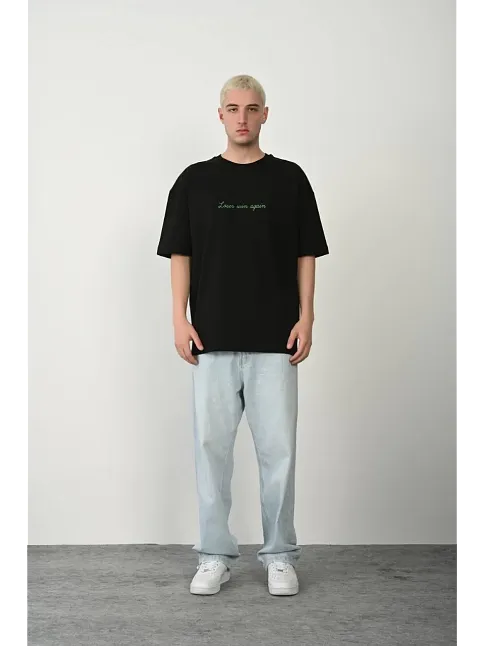 Erkek Baskılı T-shirt Kısa Kol Bisiklet Yaka Rahat Kalıp Tişört  - Siyah