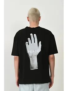Erkek Baskılı T-shirt Kısa Kol Bisiklet Yaka Rahat Kalıp Tişört - Siyah
