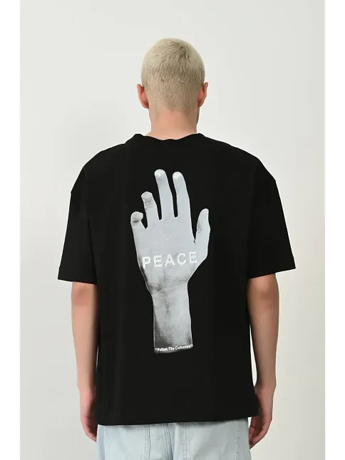 Erkek Baskılı T-shirt Kısa Kol Bisiklet Yaka Rahat Kalıp Tişört - Siyah