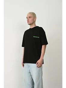 Erkek Baskılı T-shirt Kısa Kol Bisiklet Yaka Rahat Kalıp Tişört  - Siyah
