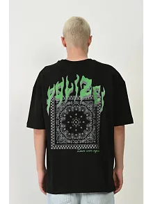 Erkek Baskılı T-shirt Kısa Kol Bisiklet Yaka Rahat Kalıp Tişört  - Siyah