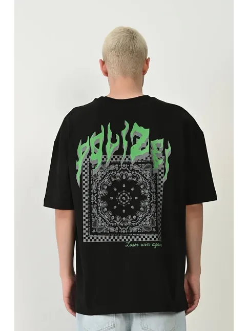 Erkek Baskılı T-shirt Kısa Kol Bisiklet Yaka Rahat Kalıp Tişört  - Siyah