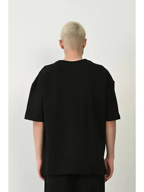 Erkek Baskılı T-shirt Kısa Kol Bisiklet Yaka Rahat Kalıp Tişört - Siyah