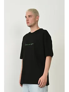 Erkek Baskılı T-shirt Kısa Kol Bisiklet Yaka Rahat Kalıp Tişört  - Siyah